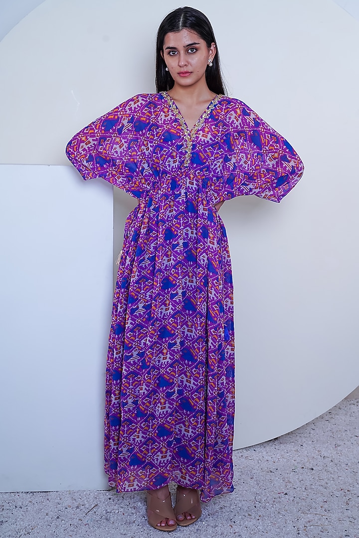 Purple Printed & Embroidered Kaftan With Inner by Komal Shah