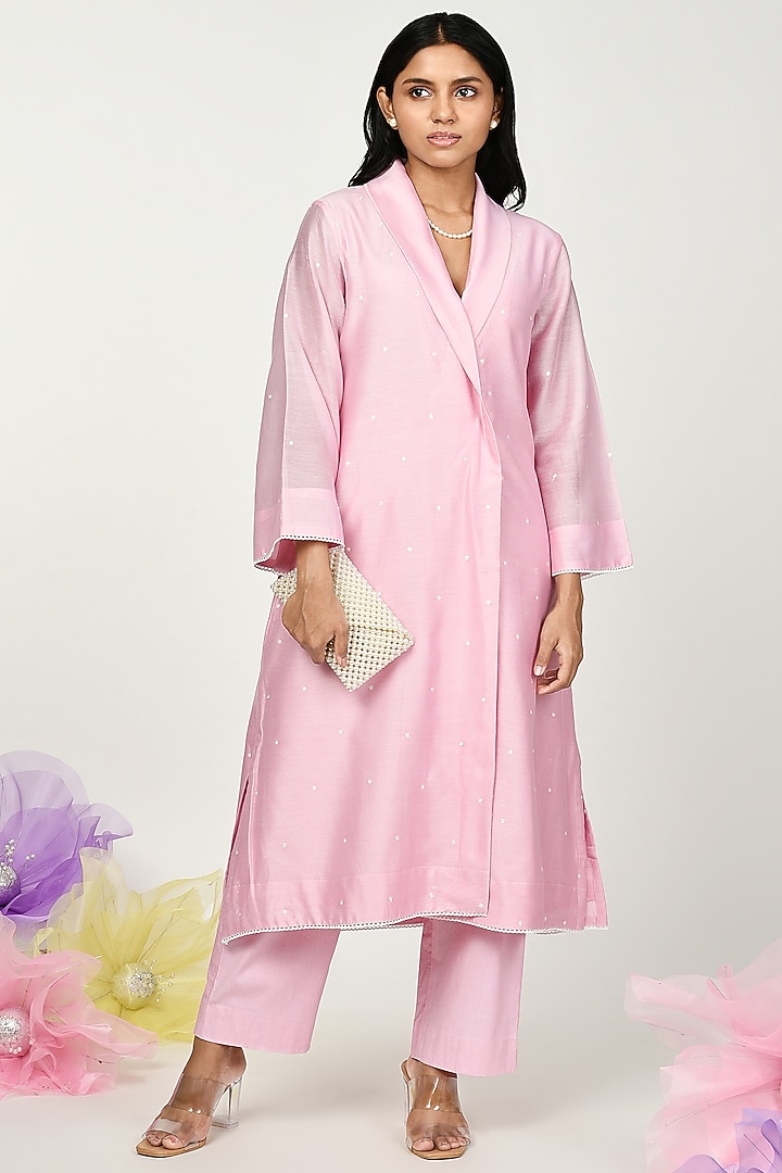 Baby Pink Chanderi Embroidered Kurta Set by Komal Shah at Pernia's Pop Up Shop