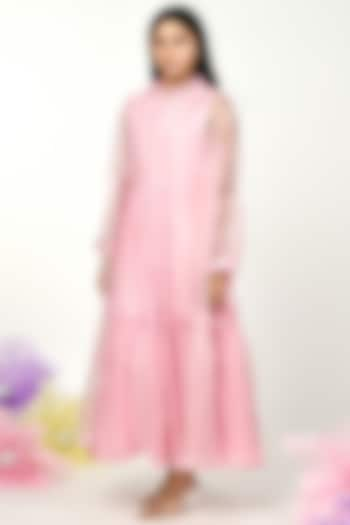 Baby Pink Chanderi & Organza Embroidered Jacket Dress by Komal Shah at Pernia's Pop Up Shop