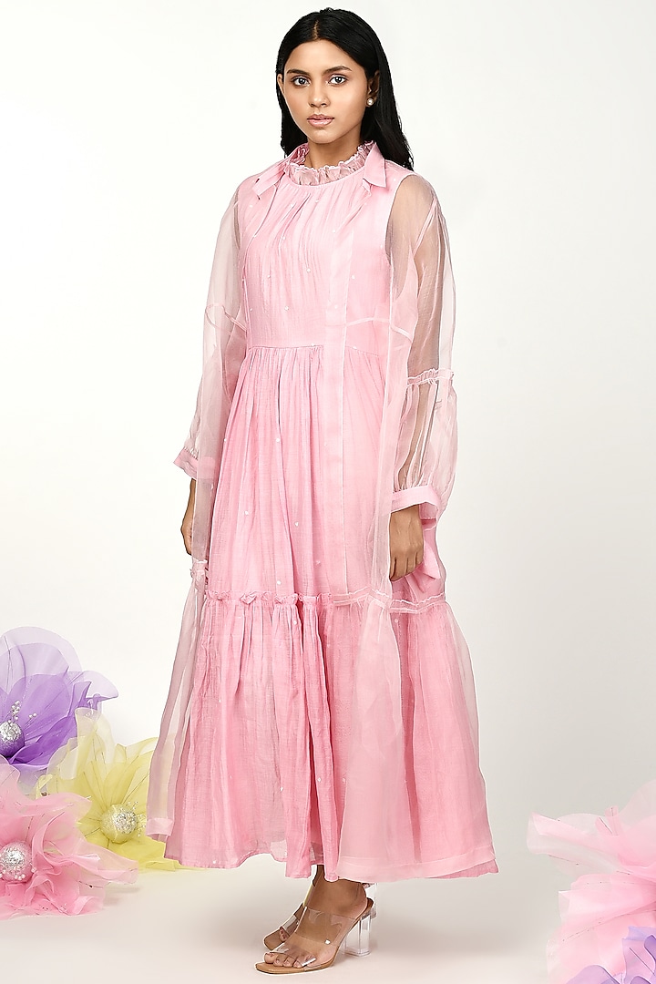 Baby Pink Chanderi & Organza Embroidered Jacket Dress by Komal Shah at Pernia's Pop Up Shop