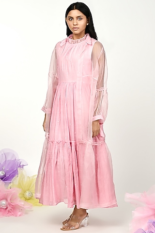 Baby Pink Chanderi & Organza Embroidered Jacket Dress by Komal Shah
