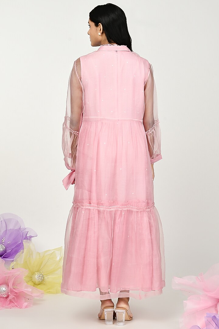 Baby Pink Chanderi & Organza Embroidered Jacket Vacation Dress by Komal Shah at Pernia's Pop Up Shop