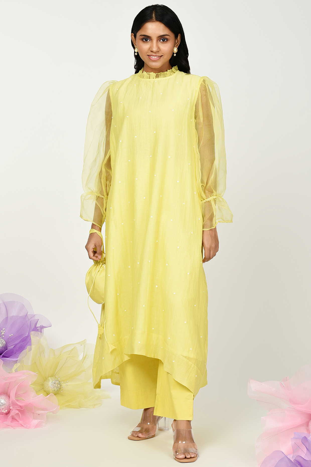 Yellow Chanderi Embroidered High-Low Kurta Set by Komal Shah at Pernia's Pop Up Shop