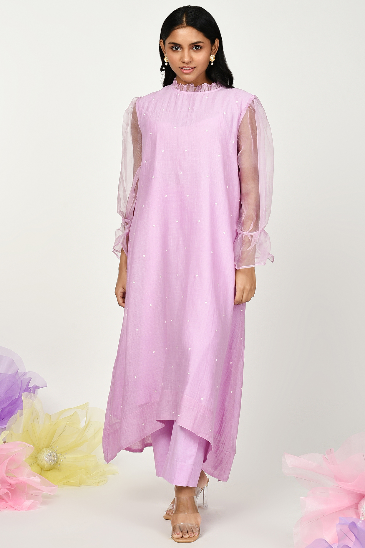 Lilac Chanderi Embroidered High-Low Kurta Set by Komal Shah at Pernia's Pop Up Shop