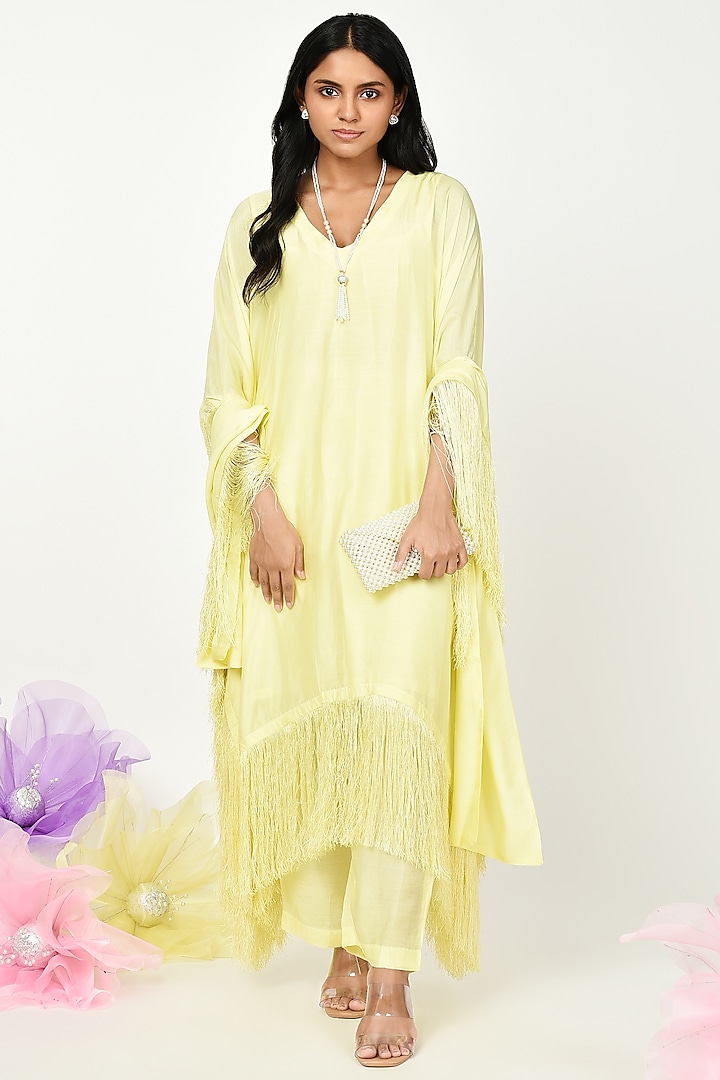 Yellow Silk Embellished Kaftan Set by Komal Shah