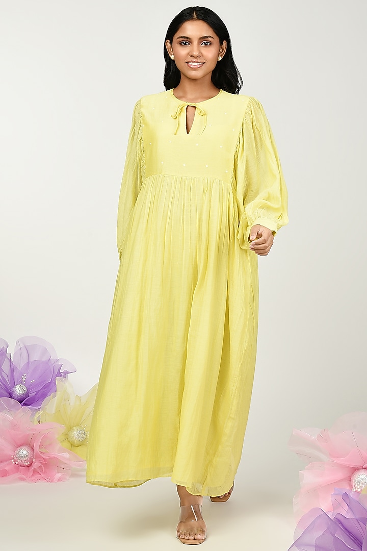 Yellow Chanderi Embroidered Summer Dress by Komal Shah at Pernia's Pop Up Shop