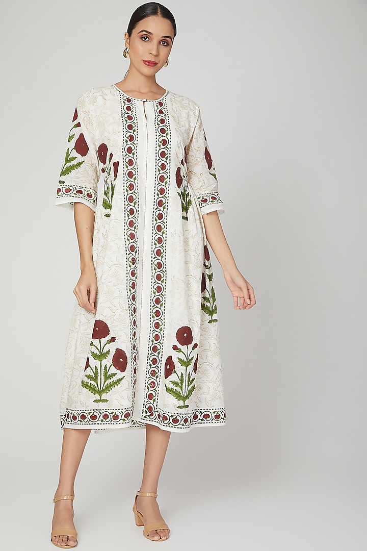 White Floral Printed Cotton Dress by Komal Shah