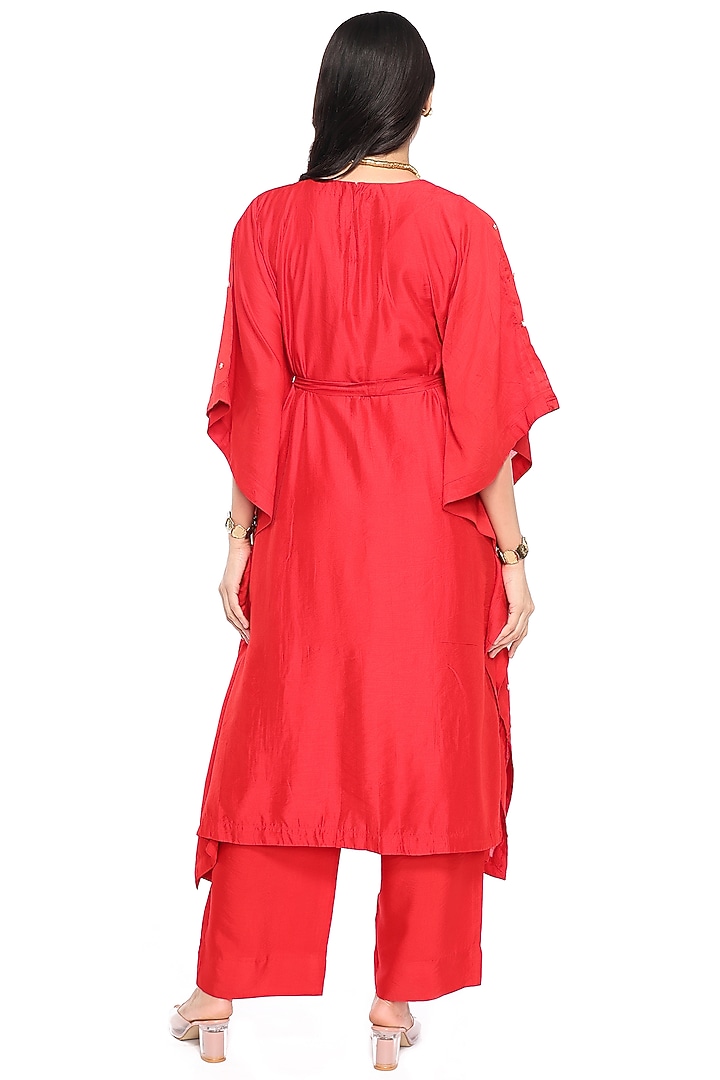 Red Chanderi Floral Hand Embroidered Kaftan Set by Komal Shah at Pernia's Pop Up Shop