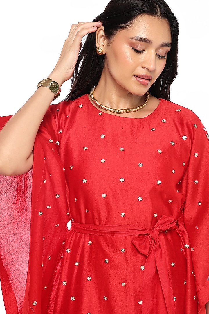 Red Chanderi Floral Hand Embroidered Kaftan Set by Komal Shah at Pernia's Pop Up Shop