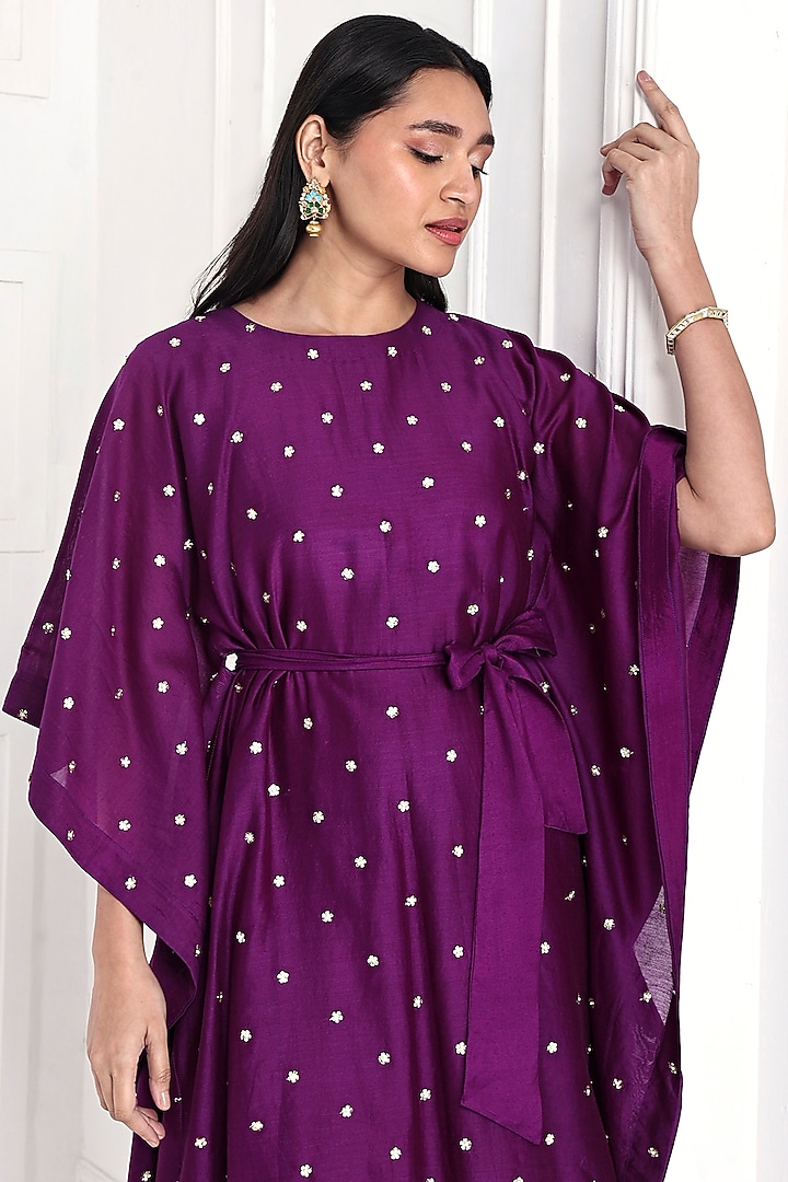 Deep Purple Chanderi Floral Hand Embroidered Kaftan Set by Komal Shah at Pernia's Pop Up Shop