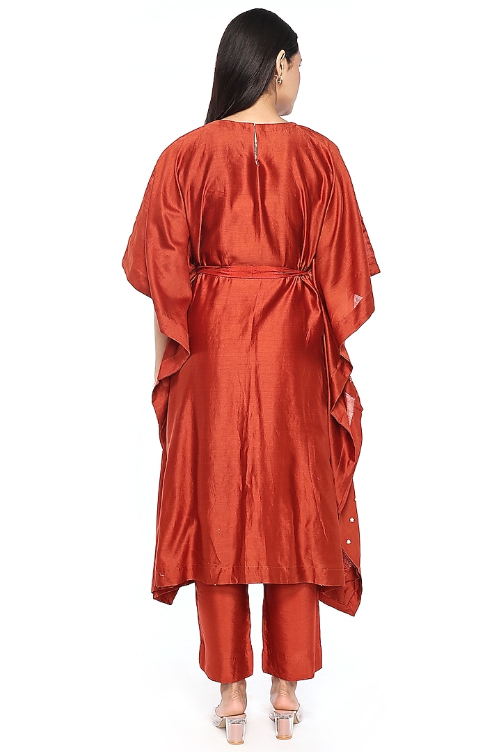 Rust Chanderi Floral Hand Embroidered Kaftan Set by Komal Shah at Pernia's Pop Up Shop