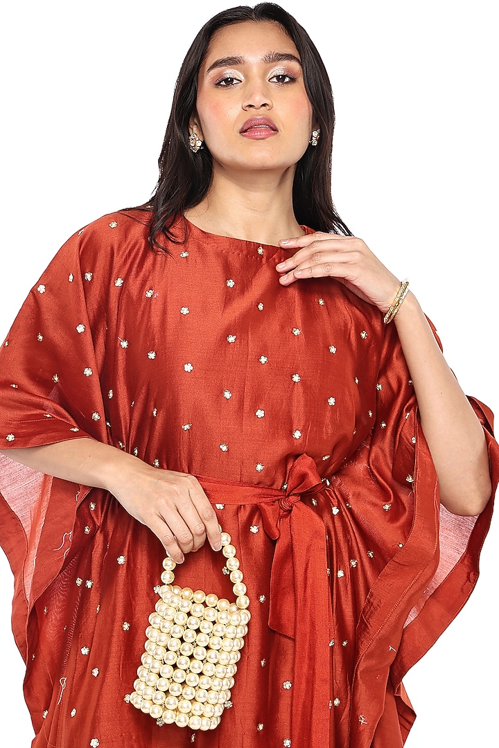 Rust Chanderi Floral Hand Embroidered Kaftan Set by Komal Shah at Pernia's Pop Up Shop