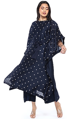 Navy Blue Chanderi Floral Hand Embroidered Kaftan Set by Komal Shah