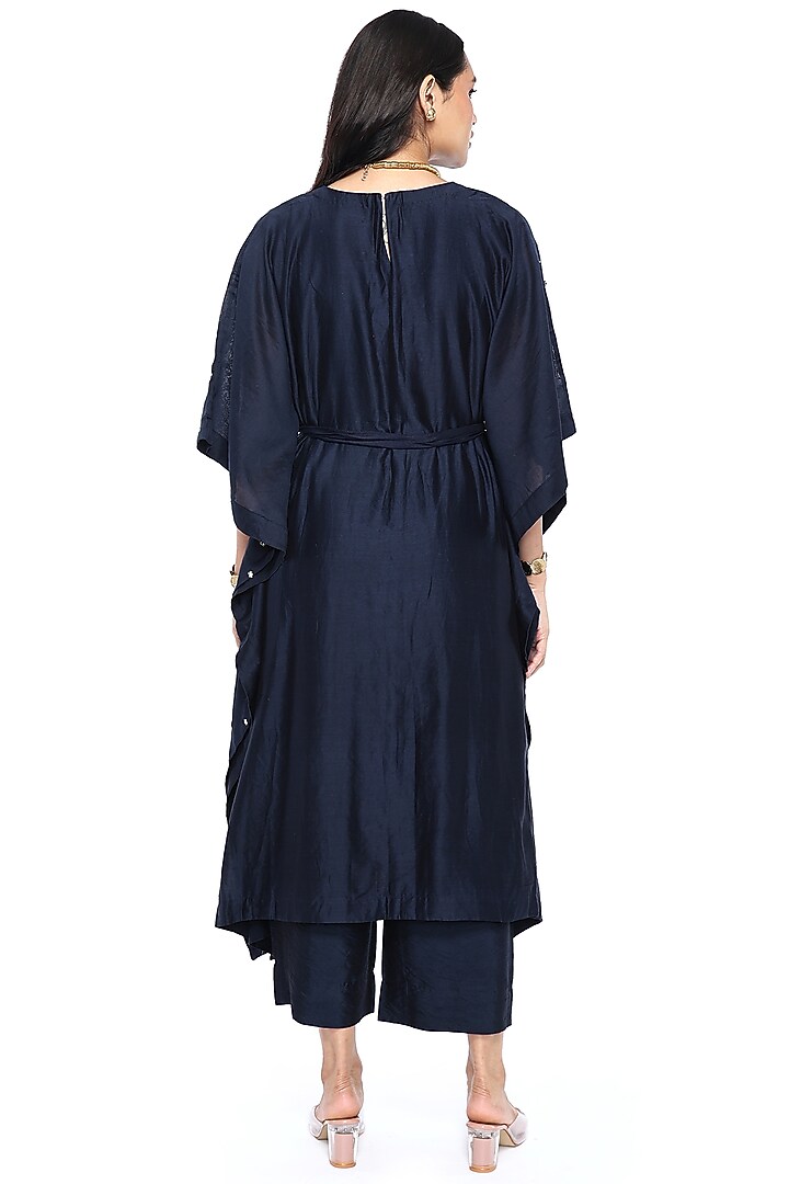 Navy Blue Chanderi Floral Hand Embroidered Kaftan Set by Komal Shah at Pernia's Pop Up Shop