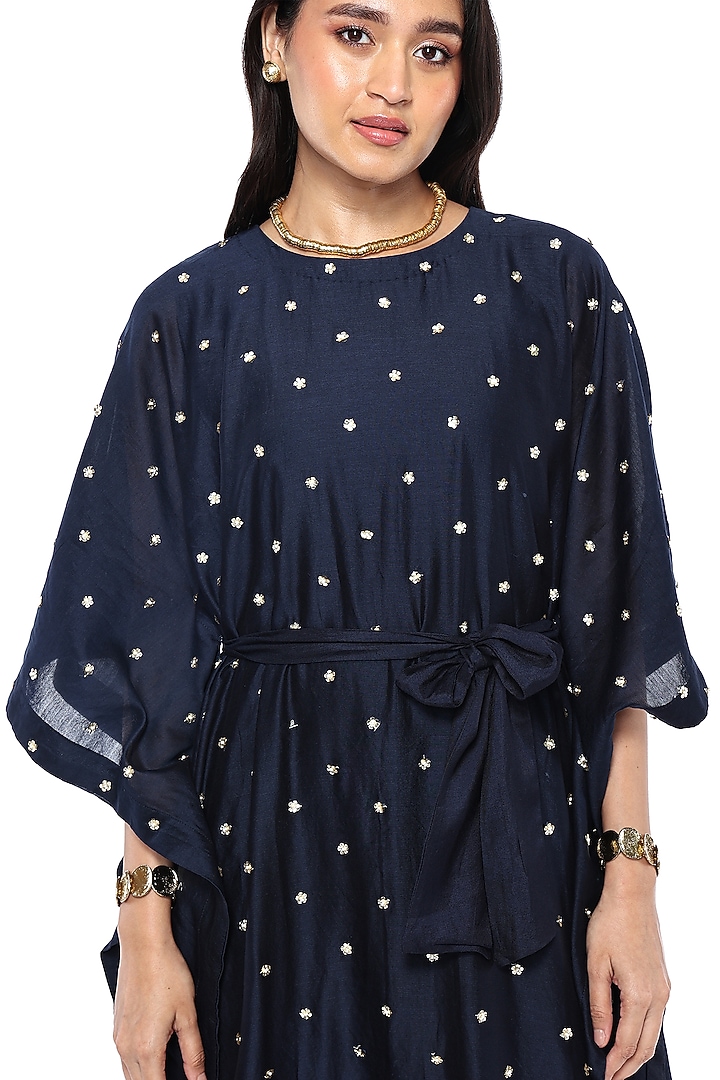 Navy Blue Chanderi Floral Hand Embroidered Kaftan Set by Komal Shah at Pernia's Pop Up Shop