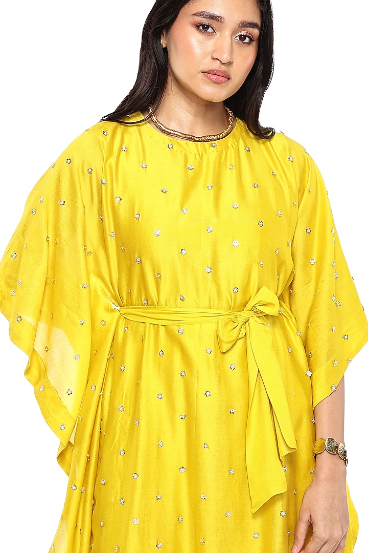 Mustard Chanderi Floral Hand Embroidered Kaftan Set by Komal Shah at Pernia's Pop Up Shop