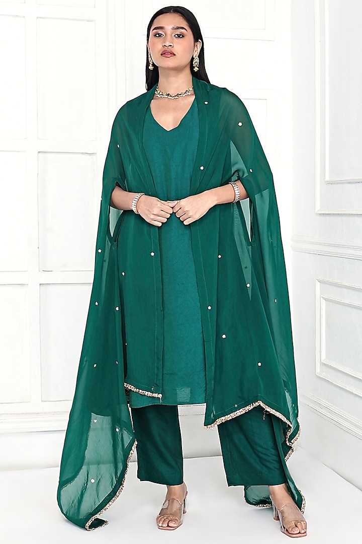 Green Chanderi Floral Embroidered A-Line Tunic Set by Komal Shah