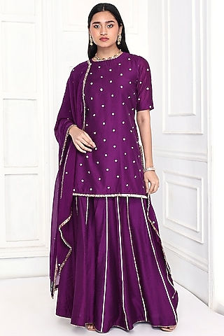 Deep Purple Chanderi Floral Embroidered Kurta Set  by Komal Shah
