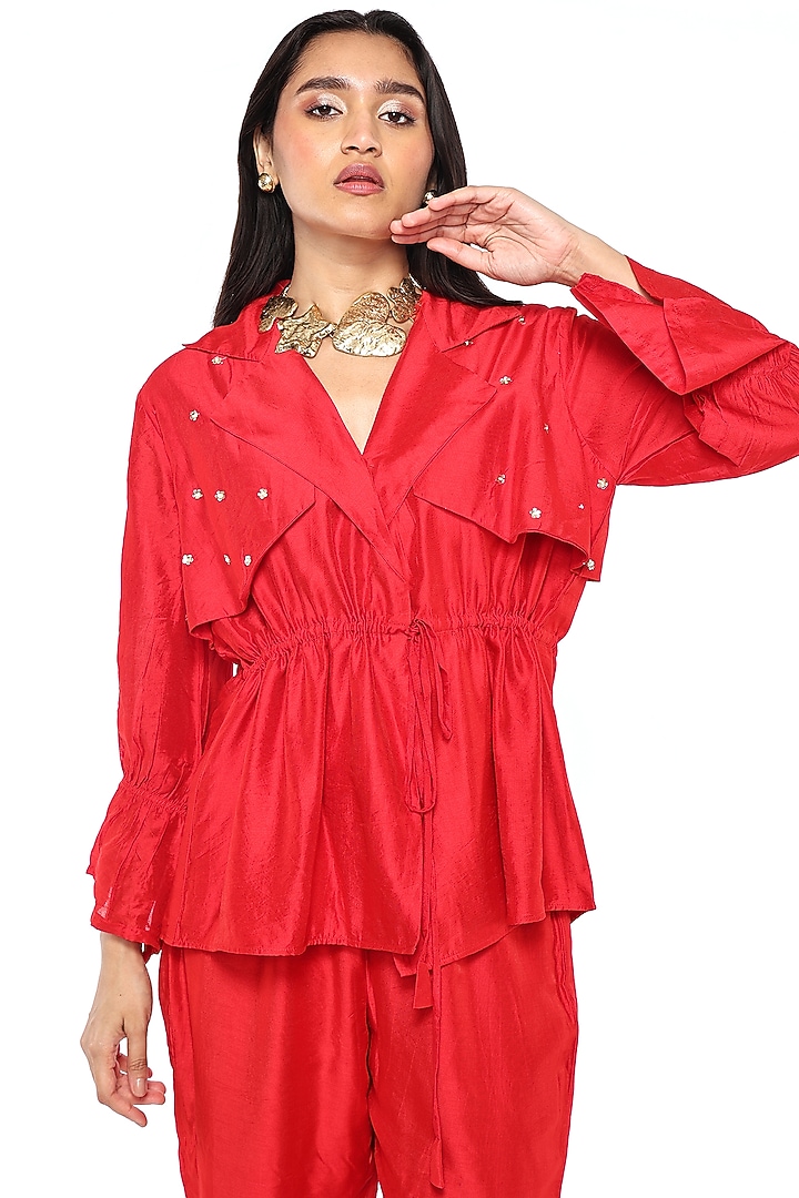 Red Chanderi Pant Set by Komal Shah at Pernia's Pop Up Shop