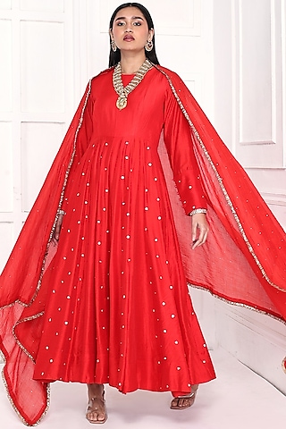 Red Chanderi Floral Embroidered Anarkali Set  by Komal Shah
