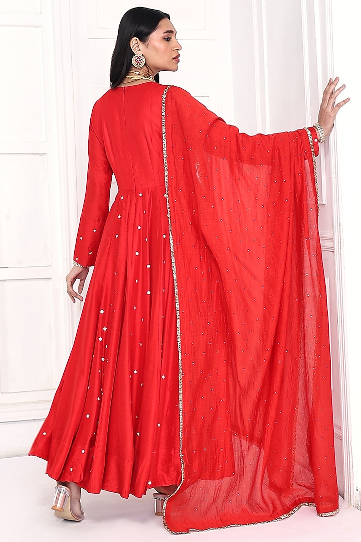 Red Chanderi Floral Embroidered Party Wear Anarkali Set  by Komal Shah at Pernia's Pop Up Shop