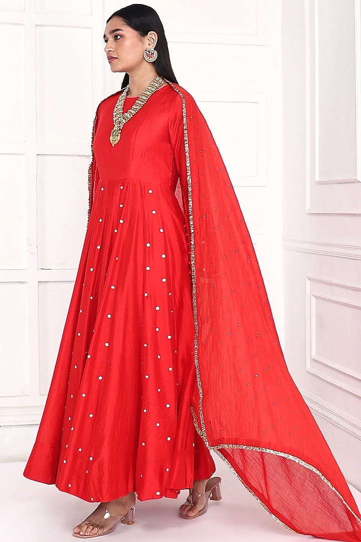 Red Chanderi Floral Embroidered Party Wear Anarkali Set  by Komal Shah at Pernia's Pop Up Shop
