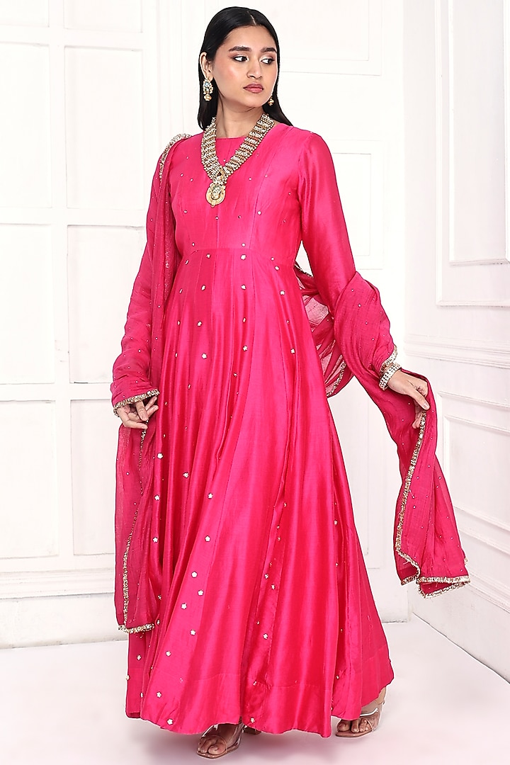 Hot Pink Chanderi Floral Embroidered Anarkali Set  by Komal Shah