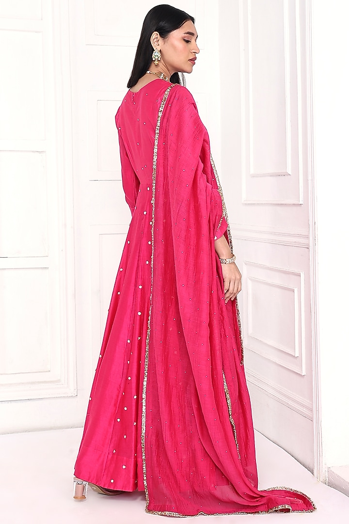 Hot Pink Chanderi Floral Embroidered Party Wear Anarkali Set by Komal Shah at Pernia's Pop Up Shop