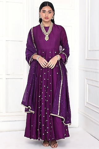 Deep Purple Chanderi Floral Embroidered Anarkali Set  by Komal Shah