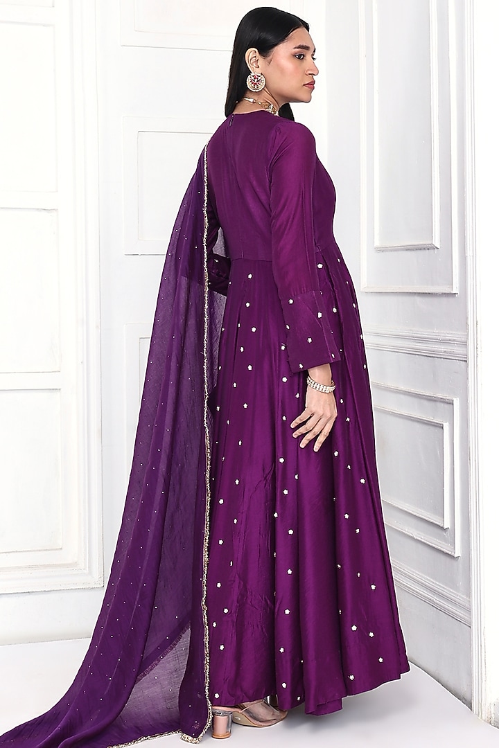 Deep Purple Chanderi Floral Embroidered Party Wear Anarkali Set by Komal Shah at Pernia's Pop Up Shop