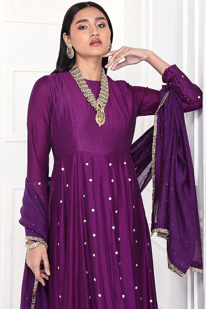Deep Purple Chanderi Floral Embroidered Party Wear Anarkali Set by Komal Shah at Pernia's Pop Up Shop