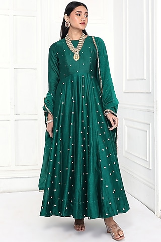 Rama Green Chanderi Floral Embroidered Anarkali Set  by Komal Shah