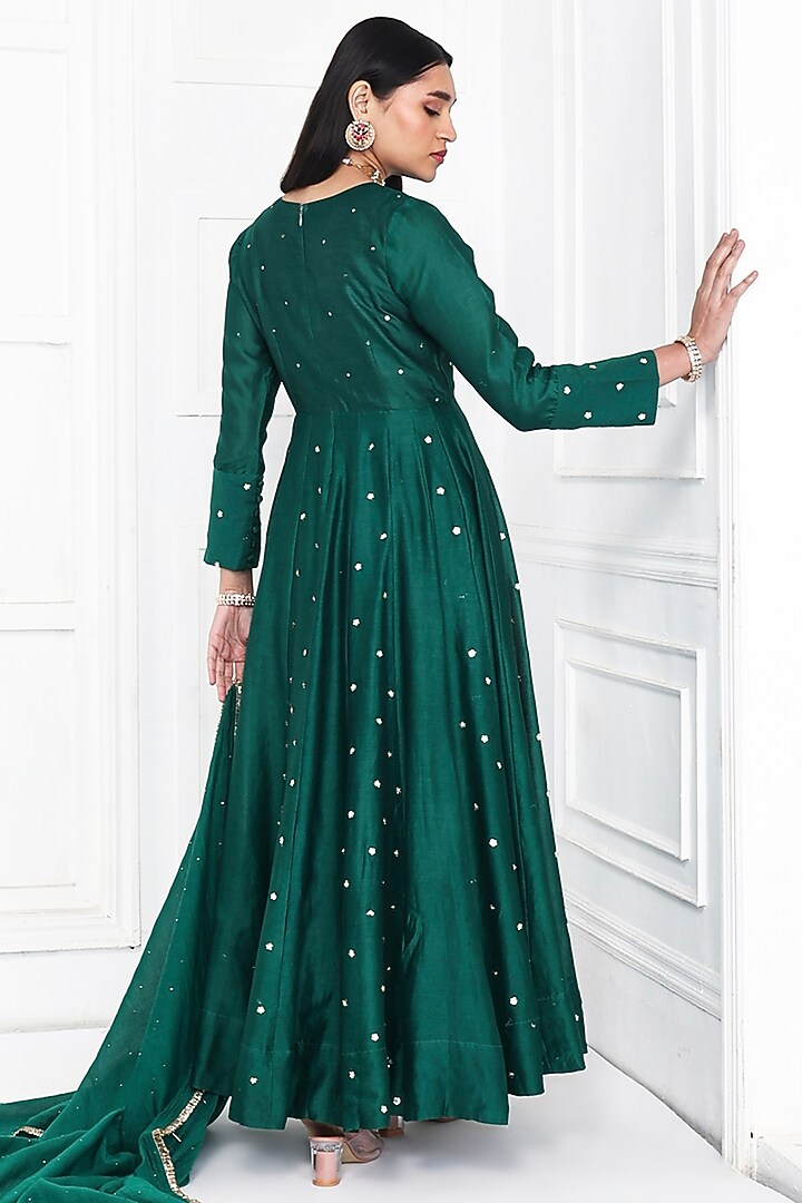 Rama Green Chanderi Floral Embroidered Party Wear Anarkali Set by Komal Shah at Pernia's Pop Up Shop