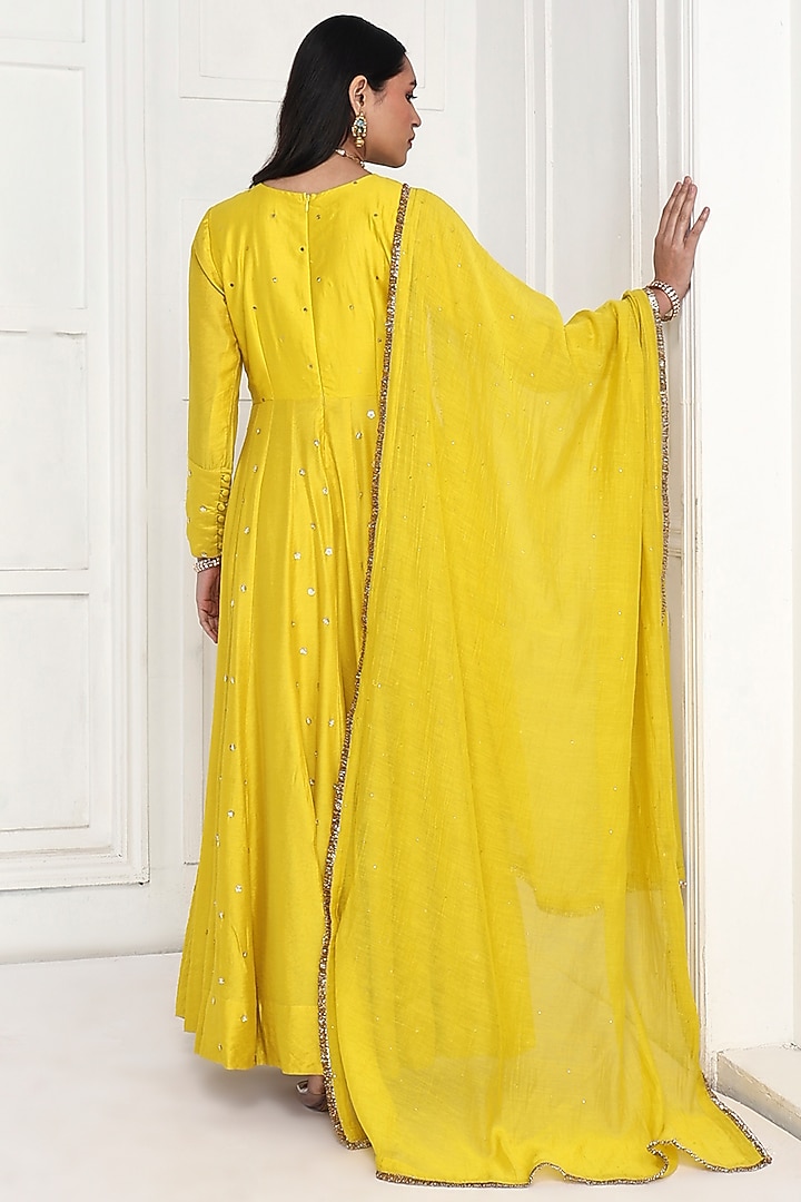 Mustard Chanderi Floral Embroidered Party Wear Anarkali Set  by Komal Shah at Pernia's Pop Up Shop