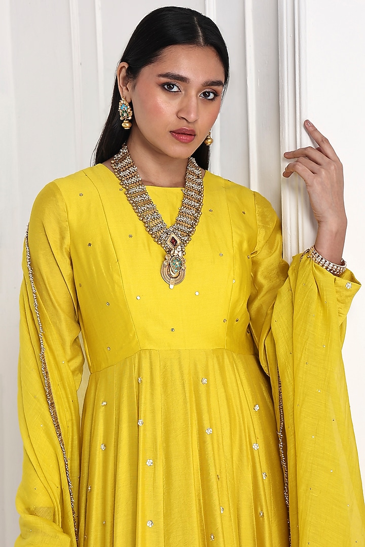 Mustard Chanderi Floral Embroidered Party Wear Anarkali Set  by Komal Shah at Pernia's Pop Up Shop