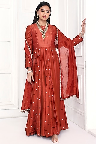 Rust Chanderi Floral Embroidered Anarkali Set  by Komal Shah