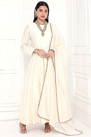 Off-White Chanderi Floral Embroidered Anarkali Set  by Komal Shah