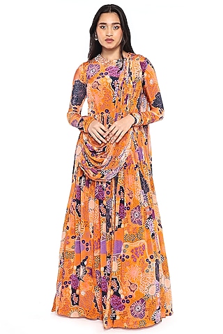 Yellow Crepe Printed & Pearl Embroidered Pre-Draped Anarkali Saree With Belt by Komal Shah