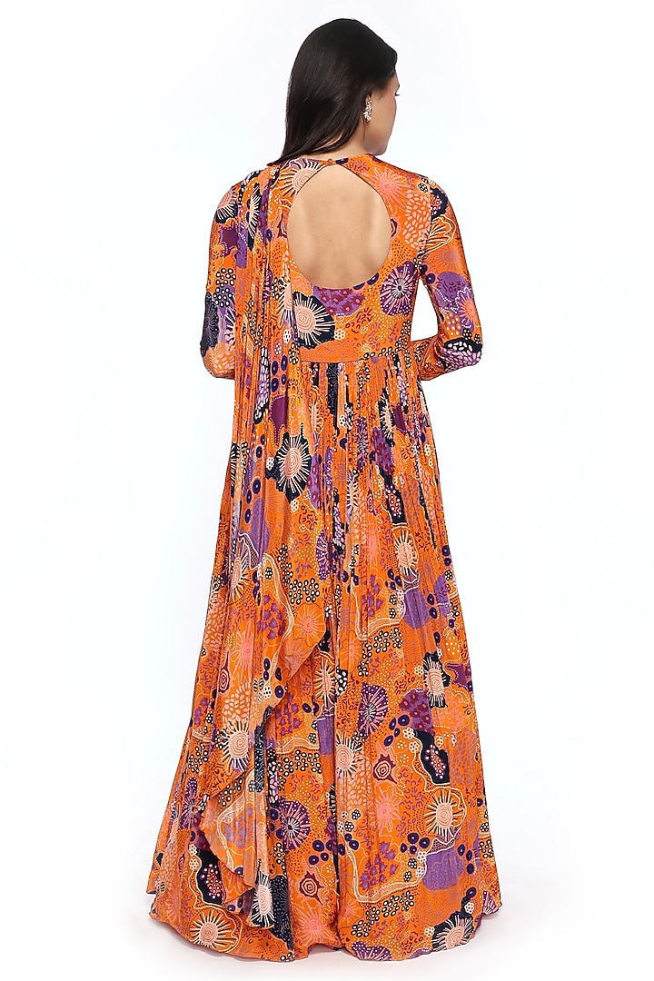 Yellow Crepe Printed & Pearl Embroidered Pre-Draped Anarkali Wedding Saree With Belt by Komal Shah at Pernia's Pop Up Shop