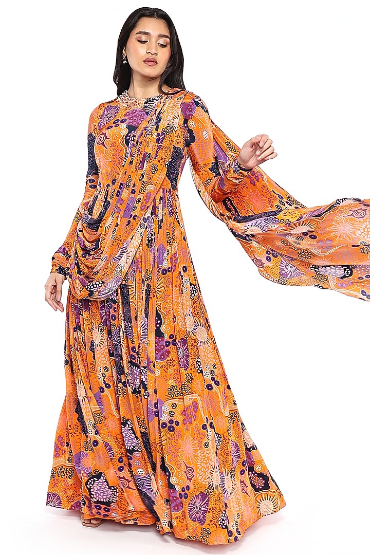 Yellow Crepe Printed & Pearl Embroidered Pre-Draped Anarkali Wedding Saree With Belt by Komal Shah at Pernia's Pop Up Shop