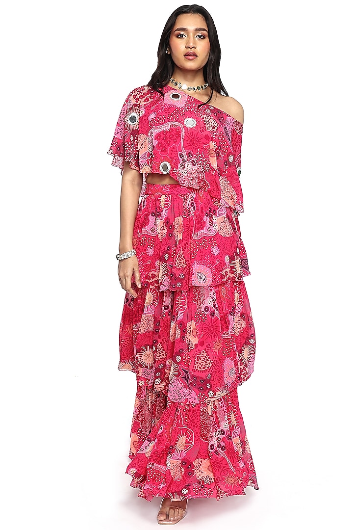 Pink Georgette Printed Layered Gharara Set by Komal Shah at Pernia's Pop Up Shop