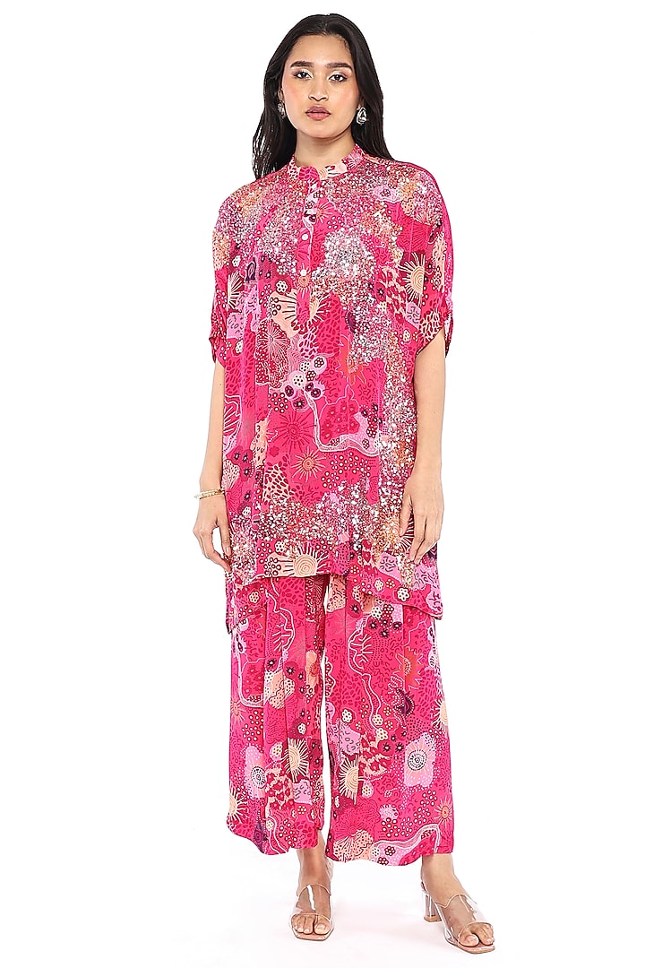 Pink Crepe Printed & Sequin Embroidered Tunic Set by Komal Shah at Pernia's Pop Up Shop