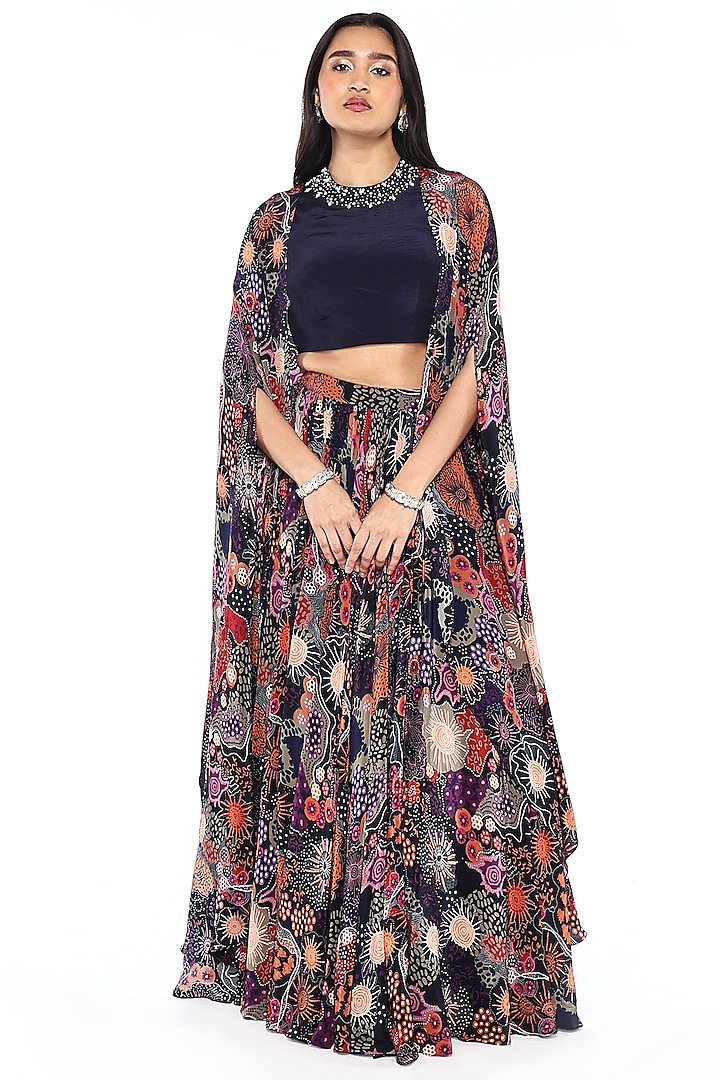 Navy Blue Crepe Printed Jacket Lehenga Set by Komal Shah at Pernia's Pop Up Shop