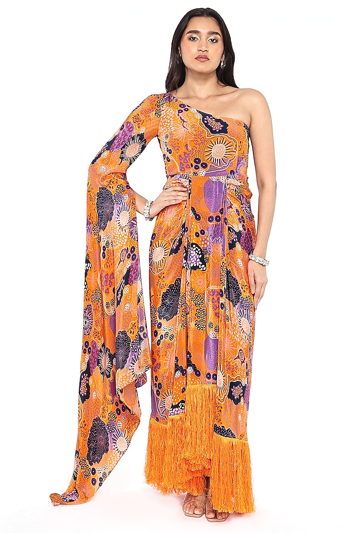 Yellow Crepe Printed Pre-Draped One-Shoulder Dress by Komal Shah at Pernia's Pop Up Shop