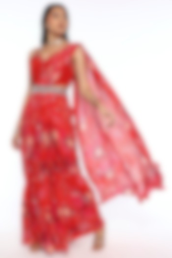 Red Crepe Printed Pre-Draped Saree Set by Komal Shah at Pernia's Pop Up Shop