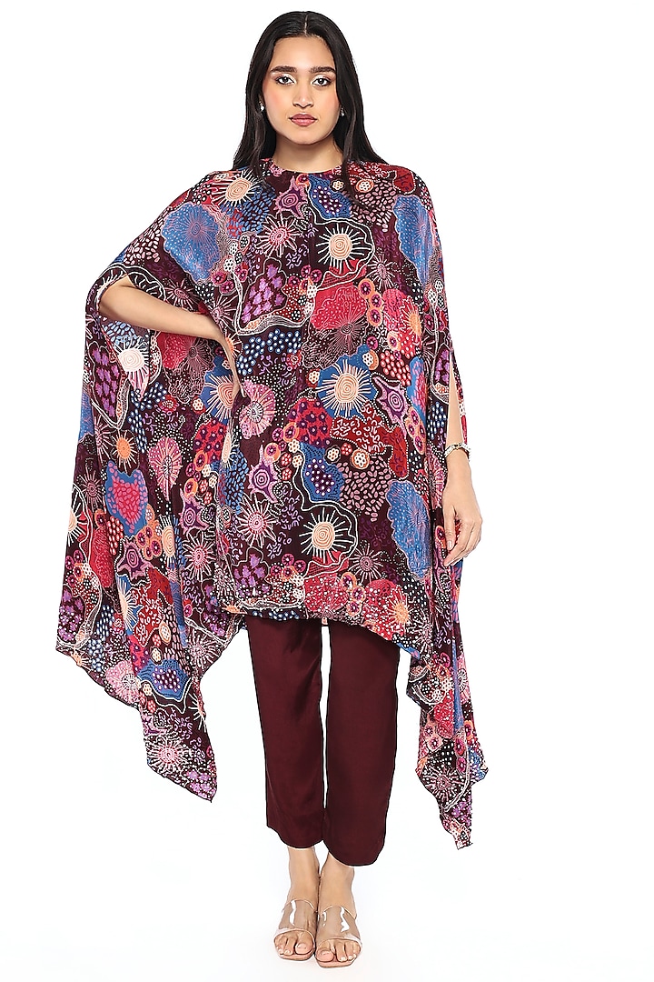 Wine Crepe Printed & Sequin Embroidered Tunic Set by Komal Shah at Pernia's Pop Up Shop