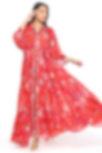 Red Crepe Printed & Sequin Embroidered Kaftan Set by Komal Shah at Pernia's Pop Up Shop