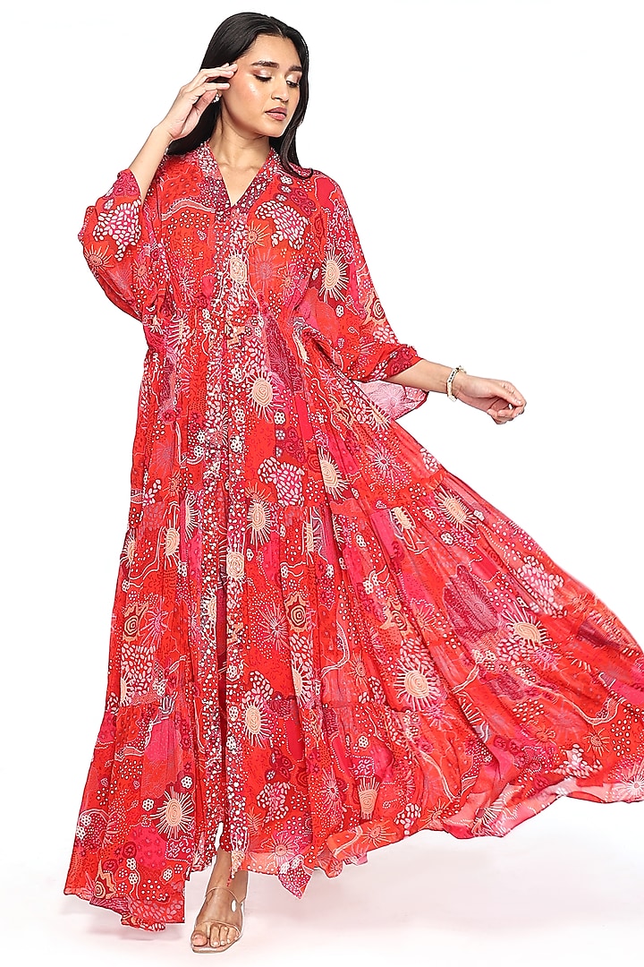 Red Crepe Printed & Sequin Embroidered Kaftan Set by Komal Shah at Pernia's Pop Up Shop