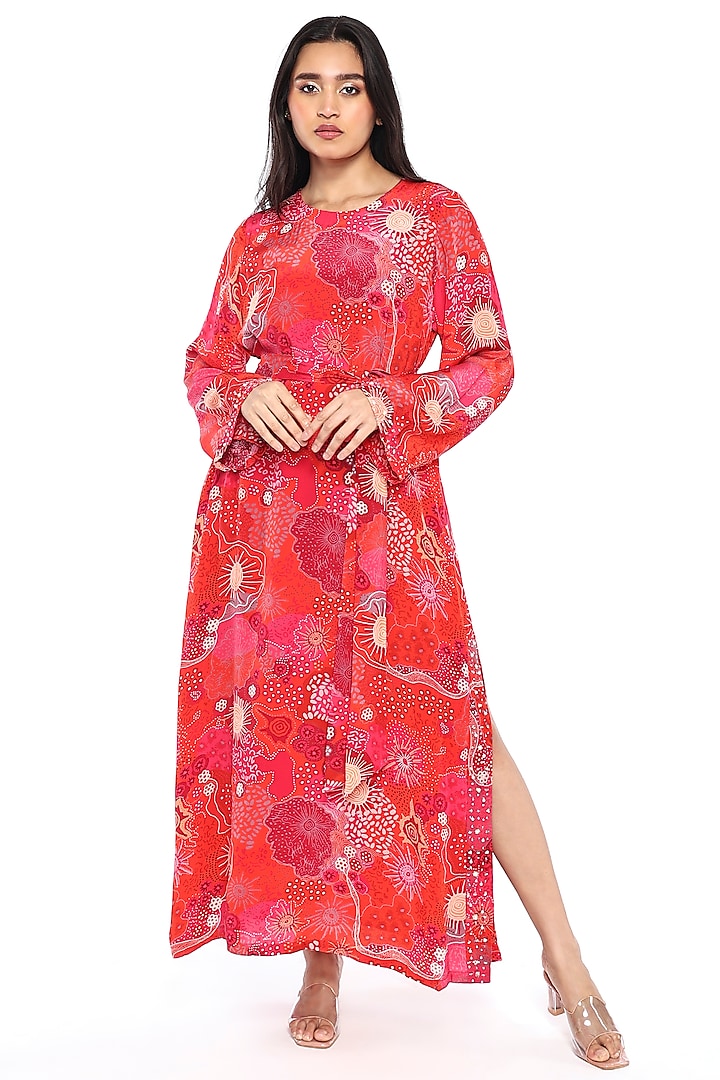 Red Crepe Printed & Sequin Embroidered Kaftan With Belt by Komal Shah at Pernia's Pop Up Shop