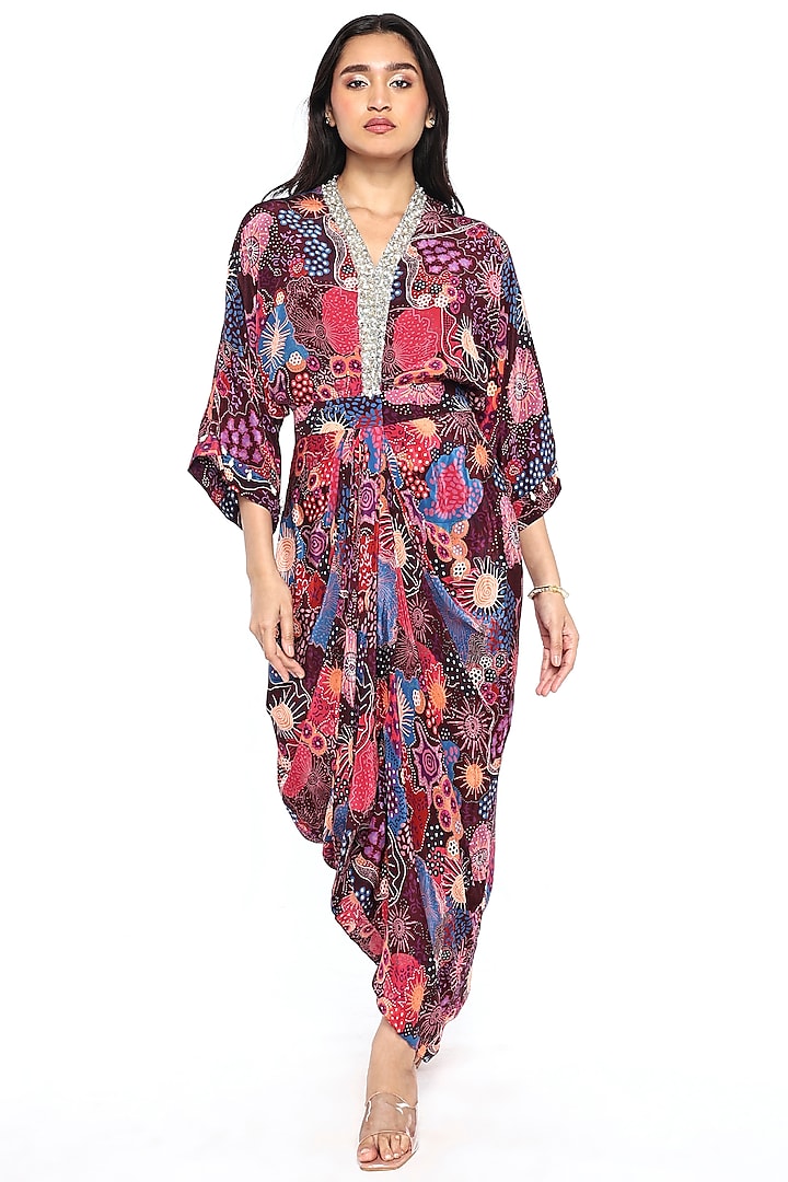 Wine Crepe Printed & Sequin Embroidered Pre-Draped Dress by Komal Shah